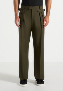 Pantalon formel plissé vert olive pour homme, taille haute, coupe droite, infroissable, mélange polyester-laine, idéal pour l'automne - Product Image 3