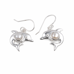 Natural Pearl Brass Sterling <b>Silver</b> Dolphin Pearl <b>Dangle</b> <b>Earrings</b> Handmade Ocean Inspired Marine Animal Jewelry Gift for Women - Product Image 1
