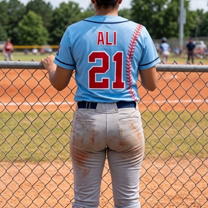 Camiseta de Softbol Personalizada Azul Cielo para Mujer, Costuras Cosidas, Sublimada, Bordada, Nombre y Número en Rojo, Botones Completos, para Equipo - Product Image 6