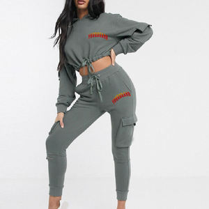 Custom Logo Women's Gray Fleece Hooded Sweatshirt Set With Letter Print <b>Jogger</b> Pants Casual All Seasons Full Sleeve <b>Skinny</b> <b>Fit</b> - Product Image 1