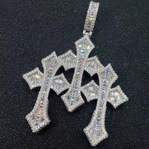 Iced Out D Color Baguette Cut Moissanite Diamond Three Combined Cross Pendant <b>Tennis</b> <b>Necklace</b> Hiphop Jewelry for Men - Product Image 4