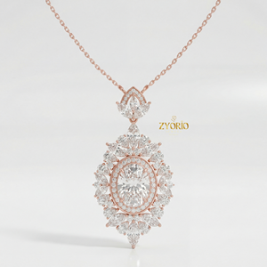 Collar de Oro Rosa de Lujo con Colgante Ovalado de Diamantes en Halo para Mujer, Cadena de Eslabones para Boda, Compromiso, Aniversario, Fiesta, Elegante y Atemporal - Product Image 1