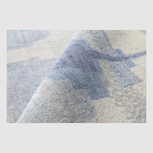 Alfombra de Área de Ikat de Lana y Seda Anudada a Mano, Suave, Azul Cielo y Marfil, Geométrica, Desgastada, Moderna, para Sala de Estar - Product Image 2