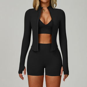 Wholesale Custom Logo Ladies 4 Piece Fitness Activewear Set with Seamless <b>Yoga</b> Leggings Sports Bra and Gym <b>Jacket</b> Wear For Woman - Product Image 3