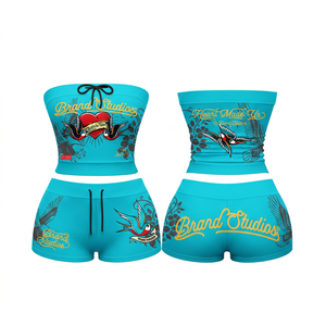 Ensemble short 2 pièces rouge pour femme, motif lettres, haut sans bretelles, short au-dessus du genou, décontracté, coton et polyester, pour printemps et été - Product Image 4