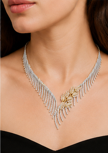 Exquisite feather inspired diamond <b>necklace</b> premium 18K two tone gold set brilliance intricate leaf motif centerpiece - Product Image 6