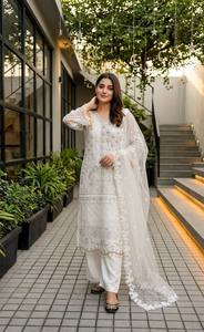 Conjunto de Salwar Kameez Bordado con Perlas Blancas, Dupatta de Encaje, Traje Tradicional Indio Pakistaní para Bodas y Fiestas - Product Image 5