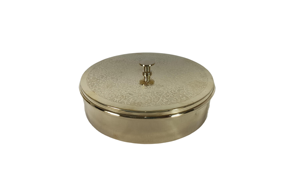 A beautiful handcrafted brass masala box with multiple compartments and a spoon organizing storing various spices in the <b>kitchen</b> - Product Image 3