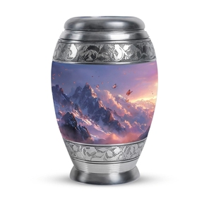 Urna Funeraria Metálica 'Paraíso Oceánico Atardecer Dorado Intenso' - Recipiente Decorativo para Cenizas con Borde Plateado Grabado a Mano para Amantes de la Naturaleza - Product Image 5