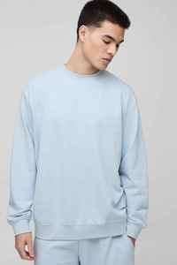Sweat-shirt surdimensionné à col rond bleu clair pour homme, coupe classique, vêtement décontracté d'automne, en molleton tricoté, couleur unie, pull-over OEM - Product Image 2