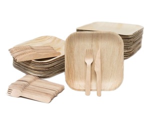 Assiettes jetables en bambou naturel, vaisselle biodégradable organique avec des assiettes de service en feuilles de palmier pour les fêtes et les événements - Product Image 1