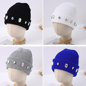Wholesale Black Studded Beanie Hat Rib Knit <b>Winter</b> <b>Cap</b> Unisex Soft Warm Stretch Skull <b>Cap</b> Custom Logo Hat - Product Image 1