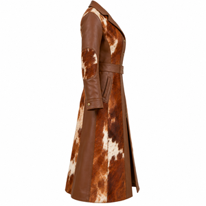 Belted <b>Elbow</b> <b>Patch</b> Womens Cowhide <b>Leather</b> Trench Duster Coat Zipper Long Outerwear Custom Oem Odm Supplier - Product Image 3