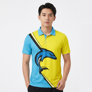 Polo de Manga Corta para Hombre con Estampado de Delfín, Bloques de Color Amarillo y Azul, Corte Casual, Tejido de Poliéster Transpirable, Estilo Regular - Product Image 4