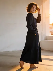 Robe longue en coton et lin bleu marine pour femmes, coupe ample, manches longues, col rond, robe décontractée bohème - Product Image 2
