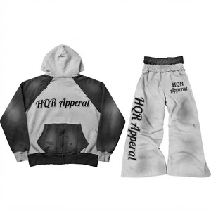 HQR Apparel Eco-Friendly 100% Cotton Tracksuit Set <b>Hoodie</b> Pants Full Sleeve Casual Loose Fit Gray Black Print Sweatshirt Winter - Product Image 1