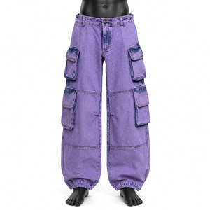 Pantalon cargo violet pour homme, taille haute, coupe ample, en denim de coton délavé, style utilitaire, couleur unie, avec poches, collection automne 2026 - Product Image 1
