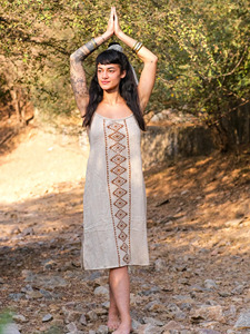 Vestido maxi de algodón Khadi con estampado a mano, vestido de verano sin mangas estilo bohemio, escote pronunciado favorecedor, vestido de tela Khadi tejido a mano. - Product Image 2