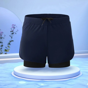 Custom Logo Summer Double <b>Layer</b> Shorts Navy Blue Color Gym Fitness Running Jogging Polyester Spandex Quick Dry Shorts - Product Image 3