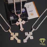 Pendentif croix surdimensionné avec diamants moissanite ronds, collier en argent sterling 925, style hip-hop, style rappeur