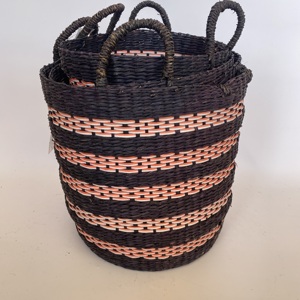 Set of 3 Round Woven Seagrass <b>Baskets</b> with Handles Combined with Pink <b>Plastic</b> Cord Bohemian Design Eco-Friendly Clothing Storage - Product Image 3