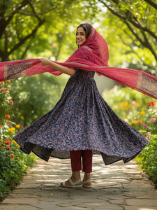 <b>Women</b> Traditional Ethnic Printed Anarkali <b>Kurta</b> Set With Dupatta Rayon Loose Fit Knee Length Spring India Pakistan Style - Product Image 3