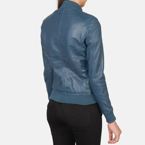 Women Blue Genuine Leather <b>Bomber</b> <b>Jacket</b> Slim Fit Premium Sheepskin Casual Winter Outerwear Fashionable Zip Up Flight Coat - Product Image 2