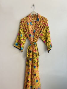 Bata de Algodón con Bordado Floral Amarillo para Mujer, Manga Larga, Informal, Larga, Hecha a Mano, Estilo Boho, Kimono, Ropa de Dormir, Chaqueta - Product Image 1