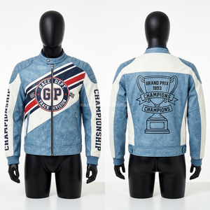 Light Blue Leather <b>Racing</b> <b>Jacket</b> Men Track Division Grand Prix Champion Graphic Sport Biker Coat White Contrast Sleeve Gear - Product Image 1