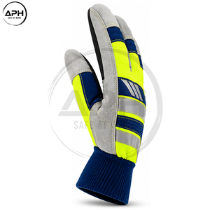 Custom Design Fluorescent Yellow Navy Blue Palm Grip Full Finger <b>Knit</b> Cuff Industrial Hand Wear High Visibility Work <b>Gloves</b> - Product Image 3