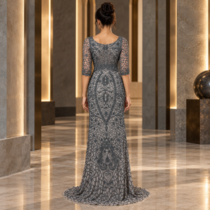 Robe de soirée sirène gris argenté avec manches trois quarts transparentes |   Robe de soirée longue à col en V profond avec broderie ornementale - Product Image 4