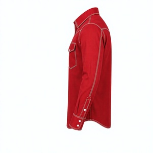 Chemise de travail occidentale ignifuge rouge pour homme avec surpiqûres blanches, poche poitrine, logo personnalisé, vêtements de travail industriels de haute qualité - Product Image 3