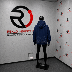 Sweat à capuche bleu marine à strass, zippé, coupe oversize, style streetwear, décontracté, unisexe, mode, vente en gros - Product Image 4