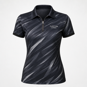 Custom Black Charcoal Abstract Slash Print <b>Womens</b> <b>Polo</b> <b>Shirt</b> Quick Dry Breathable Quarter Zip Golf Team Uniform WPS-0707 - Product Image 1