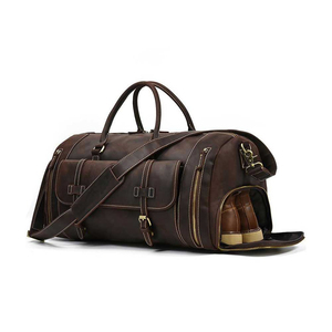 Bolsa de Viaje de Fin de Semana de Cuero Verde con Panel Marrón y Correa Ajustable, Bolsa de Viaje Unisex con Cierre de Cremallera - Product Image 4
