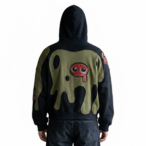 Sweat à capuche noir pour homme SHY SPORTS avec logo personnalisé, en molleton épais, avec patchwork vert slime et épaules tombantes, motif graphique mignon - Product Image 4