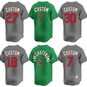Camiseta de Béisbol Verde Oscuro, Uniforme de Equipo Cosido, Ropa Deportiva Personalizada, Rayas Grises, Cuello en V Unisex, 100% Algodón - Product Image 1