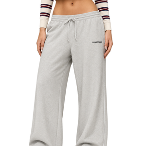 Women Light Grey Wide Leg Fleece Sweatpants Drawstring Elastic Waist Loose Fit Casual Winter <b>Lounge</b> Trousers with Pockets - Product Image 1