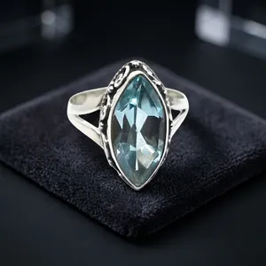 Vintage Marquise Cut Blue Topaz 925 Sterling Silver Ring Women's Gemstone Jewelry Bezel Setting Everyday Wear - Product Image 5