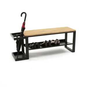 Wooden Entryway Bench with Metal Frame Shoe Storage Shelf and Built In Umbrella Holder Organizer Stand - Product Image 1