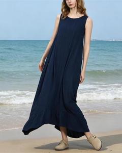 Premium Blue O-Neck Plain Cotton Linen Maxi <b>Dress</b> With Sleeveless <b>Loose</b> Fit Button Front Casual Daily Wear - Product Image 3