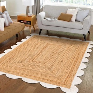 Tapis de zone rectangulaire en jute naturel style ferme, tissage plat, avec envers antidérapant en caoutchouc, pour décoration de salon, couleur unie, poils fins - Product Image 2
