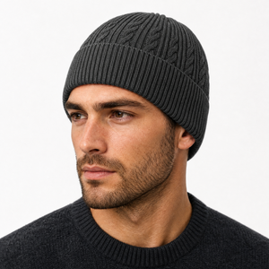 Bonnet en tricot torsadé pour homme, gris foncé, avec revers, épais et chaud - Style streetwear classique - Product Image 2