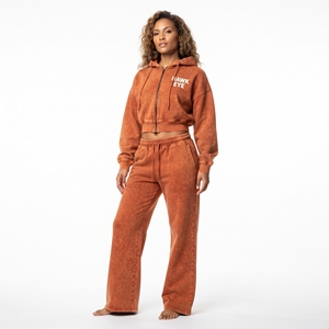Custom Color Women Acid Wash <b>Crop</b> <b>Top</b> <b>Hoodie</b> And Flared Bottom Wide Leg Jogger Set Custom Logo Wholesale Manufacture - Product Image 1