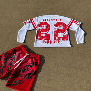 USTLI Men's White Long Sleeve Jersey With Red 22 Print And Red Shorts <b>Set</b> Crew Neck Sporty Summer Wear - Product Image 1