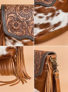 Vintage Genuine Leather Shoulder Bag Fringe Crossbody <b>Purse</b> Embossed Floral Pattern for Daily Travel - Product Image 2