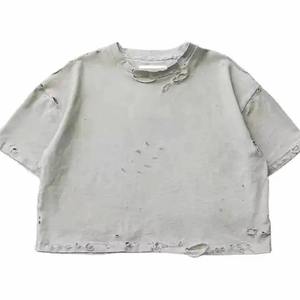 Distressed T Shirt Custom Logo Heavyweight Streetwear T Shirts Trendy Distressed Ripped Holes design - Product Image 3