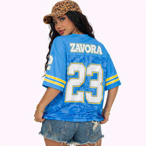 Camiseta de Fútbol Americano de Malla Corta Azul de Alta Calidad para Mujer, Personalizable, Estilo Urbano, Cuello en V, Oversize, con Gráficos, Moda Femenina - Product Image 5