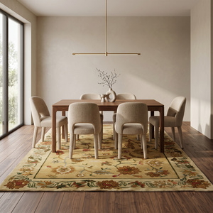 Tapis floral multicolore en laine doré antique, tapis de zone à bordure botanique moderne, antidérapant, écologique, tufté à la main pour salon - Product Image 3