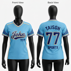 Camiseta de Cricket para Mujer, 180 GSM, Poliéster Transpirable, Color Azul Cielo, Azul Marino y Dorado, Paneles en las Mangas, Sublimación, Logotipo Personalizado - Product Image 6